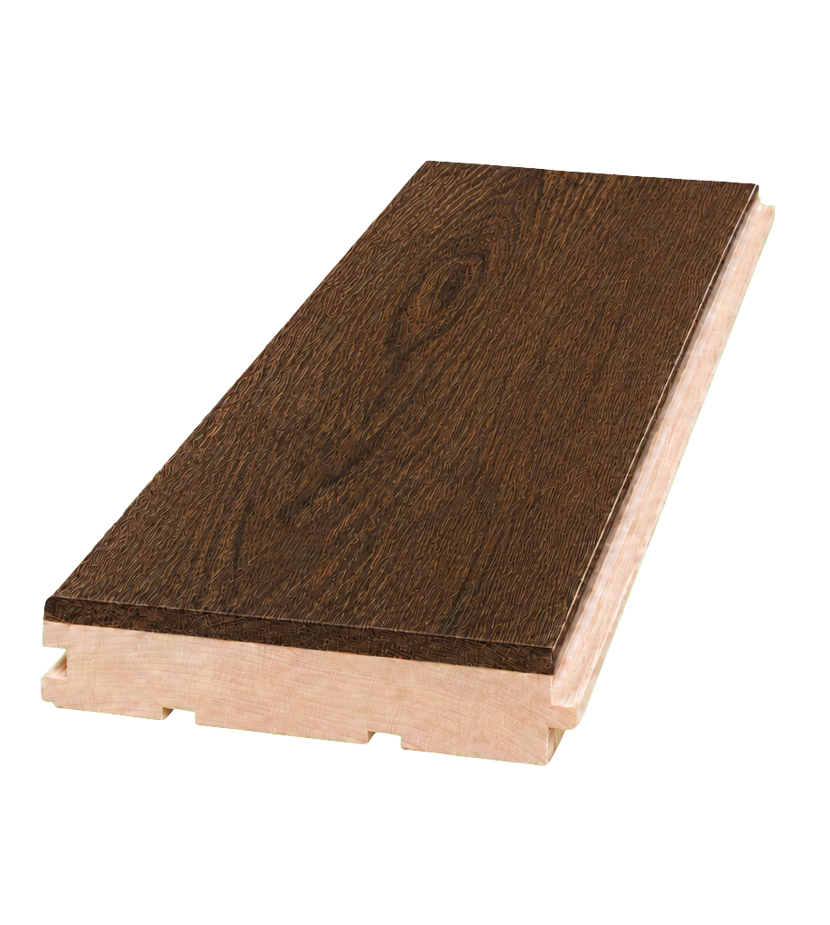 Two-layer hardwood floor with an oak top layer and spruce carrier layer